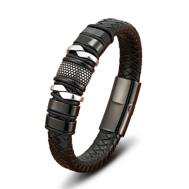 Retro Stainless Steel Leather Bracelet — Magnetic Clasp