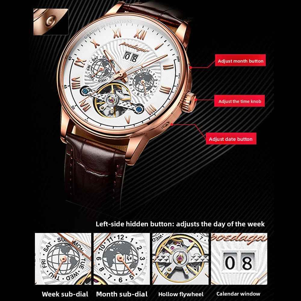 Leather Strap Mechanical Watch – Luminous Calendar Dial