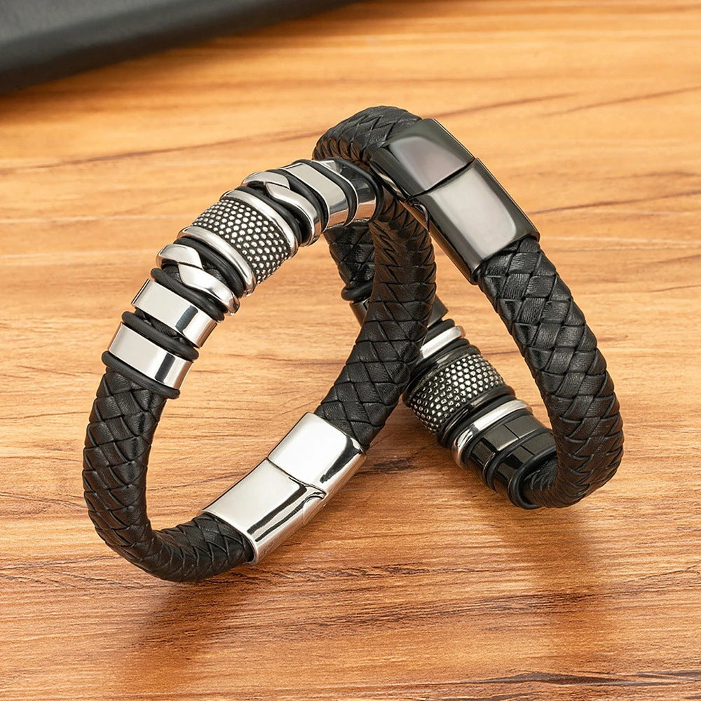 Retro Stainless Steel Leather Bracelet — Magnetic Clasp