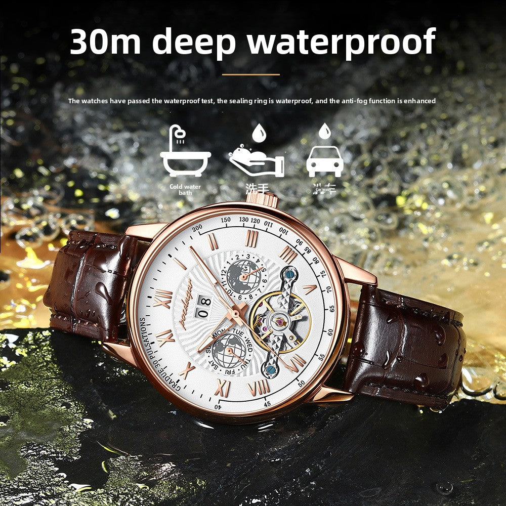 Leather Strap Mechanical Watch – Luminous Calendar Dial - CASORA & CO