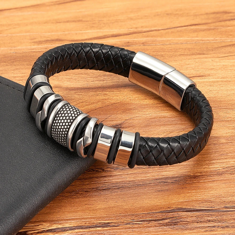 Retro Stainless Steel Leather Bracelet — Magnetic Clasp